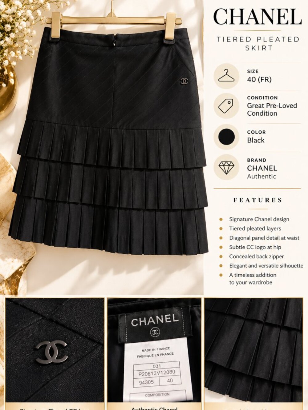 Womens Authentic CHANEL Tiered Pleated Skirt Black Pre-Loved Size 40